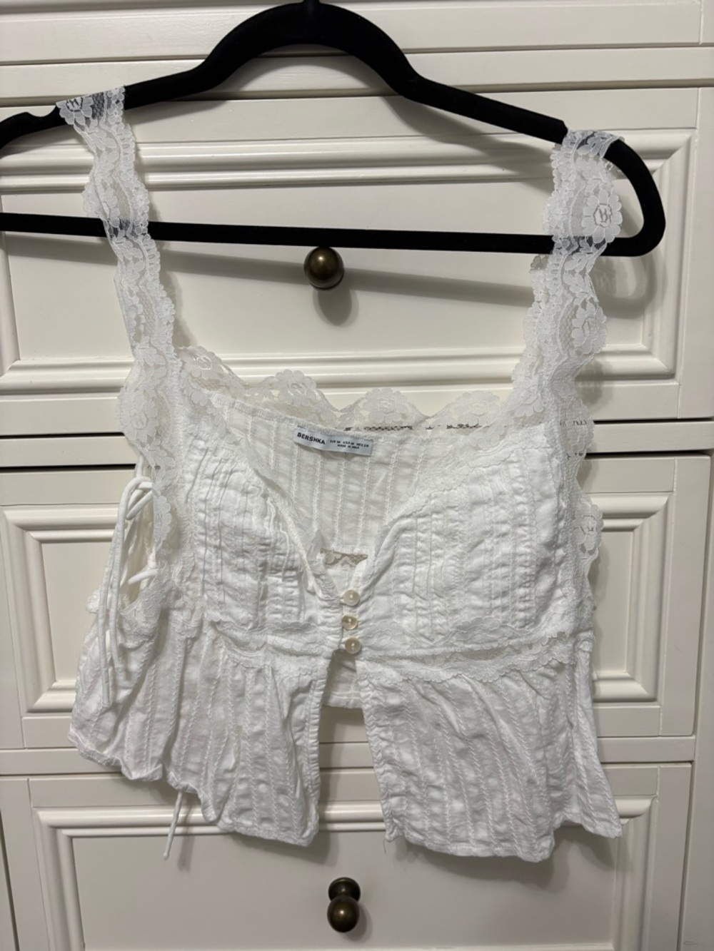 Bershka White Lace-Trim Button Front Top